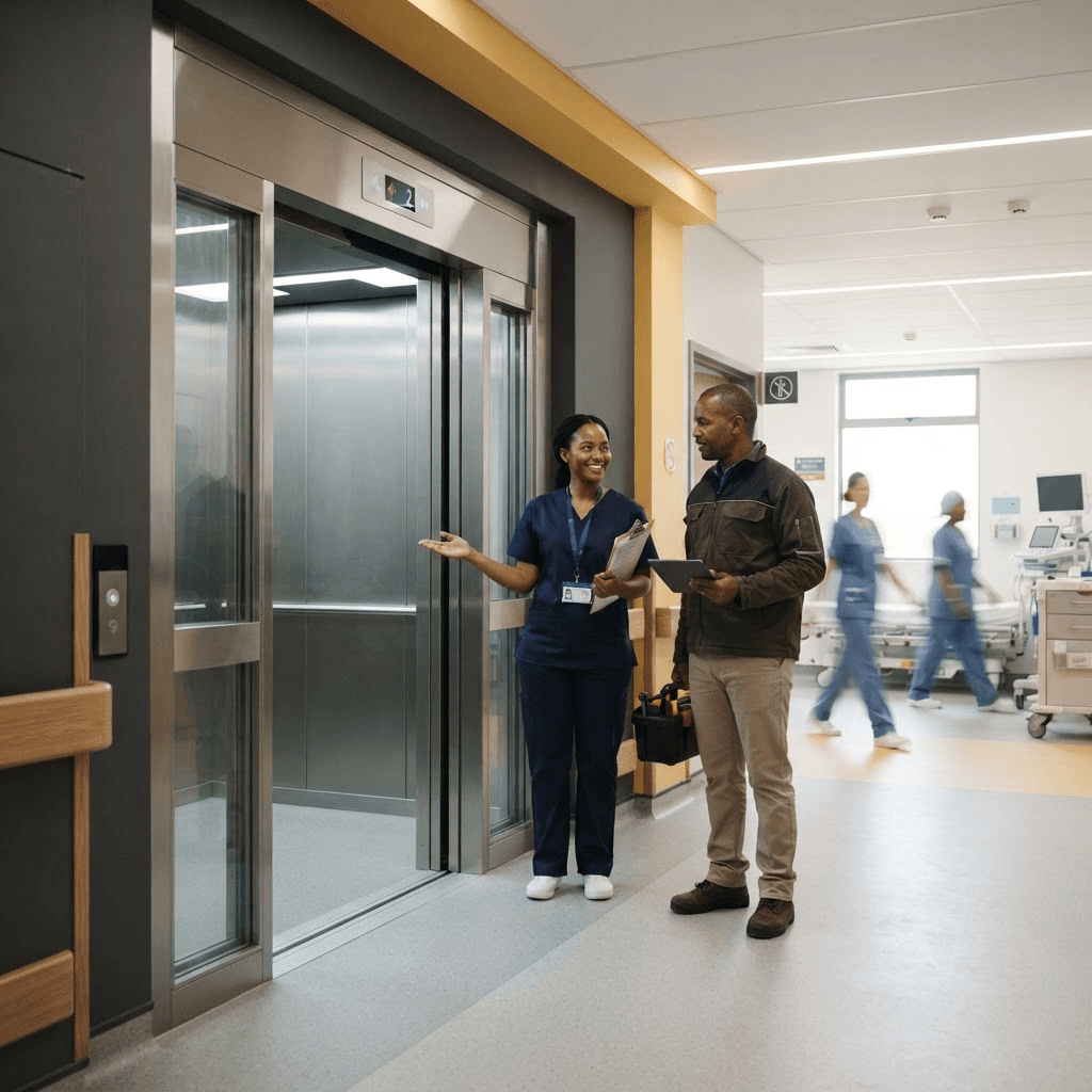 Hospital elevator supplied and installed by V-Tech Elevator Co.
