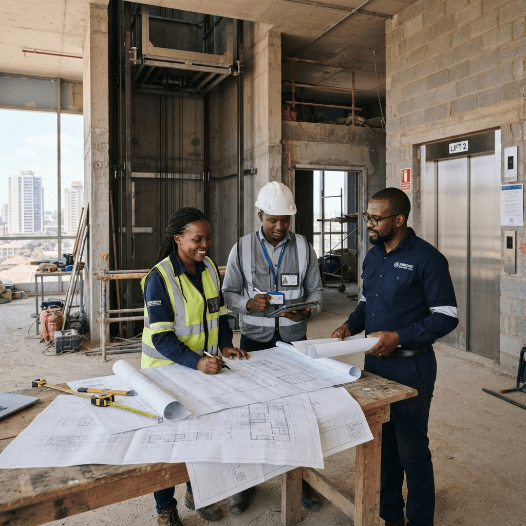Black African elevator engineers and architects reviewing technical plans