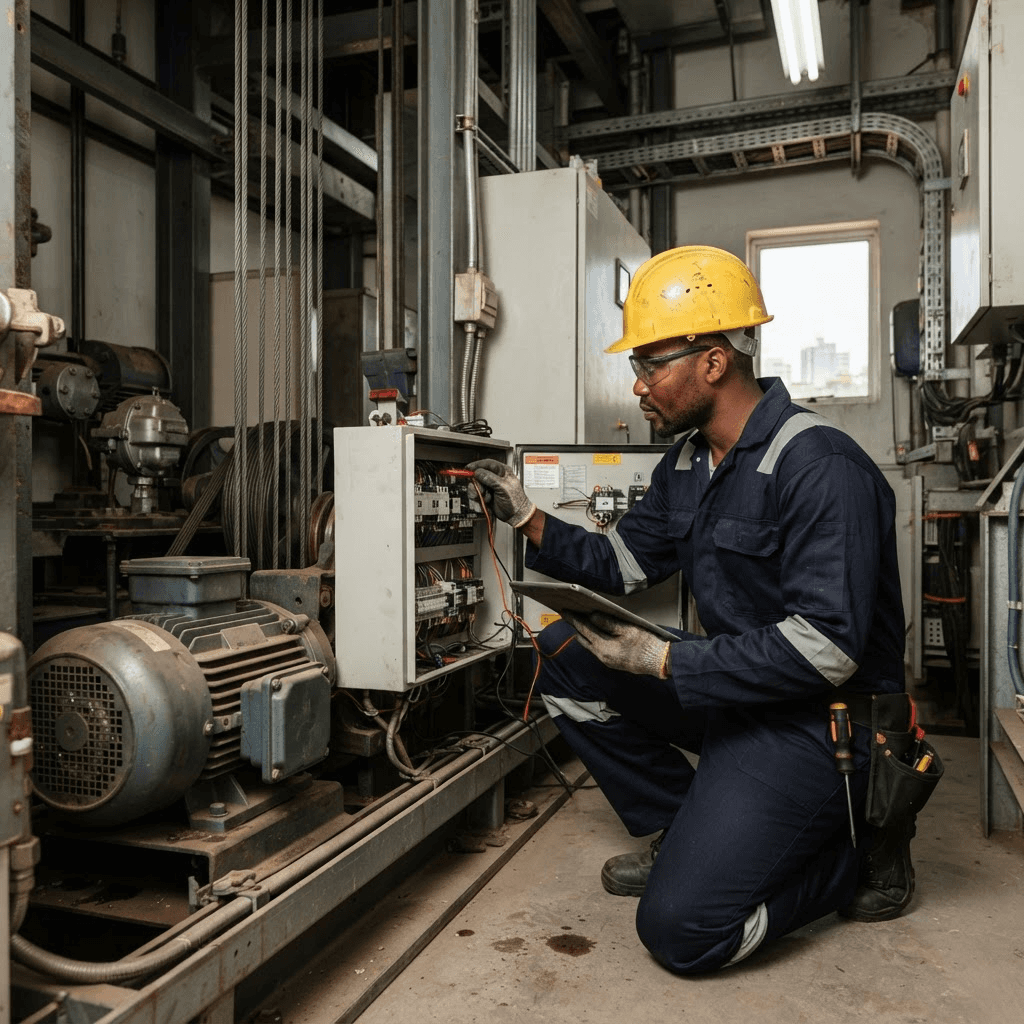 Black African elevator technician performing scheduled maintenance in a machine room