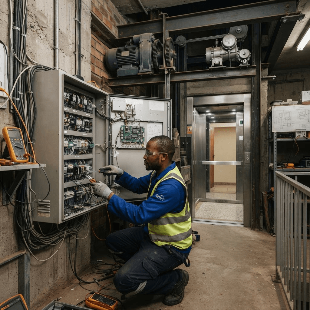 Black African technician modernising elevator controls and equipment
