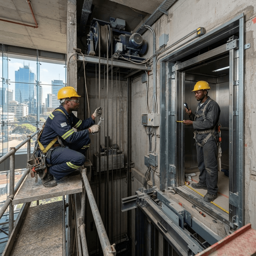 Black African elevator technicians inspecting a new elevator installation in Zimbabwe