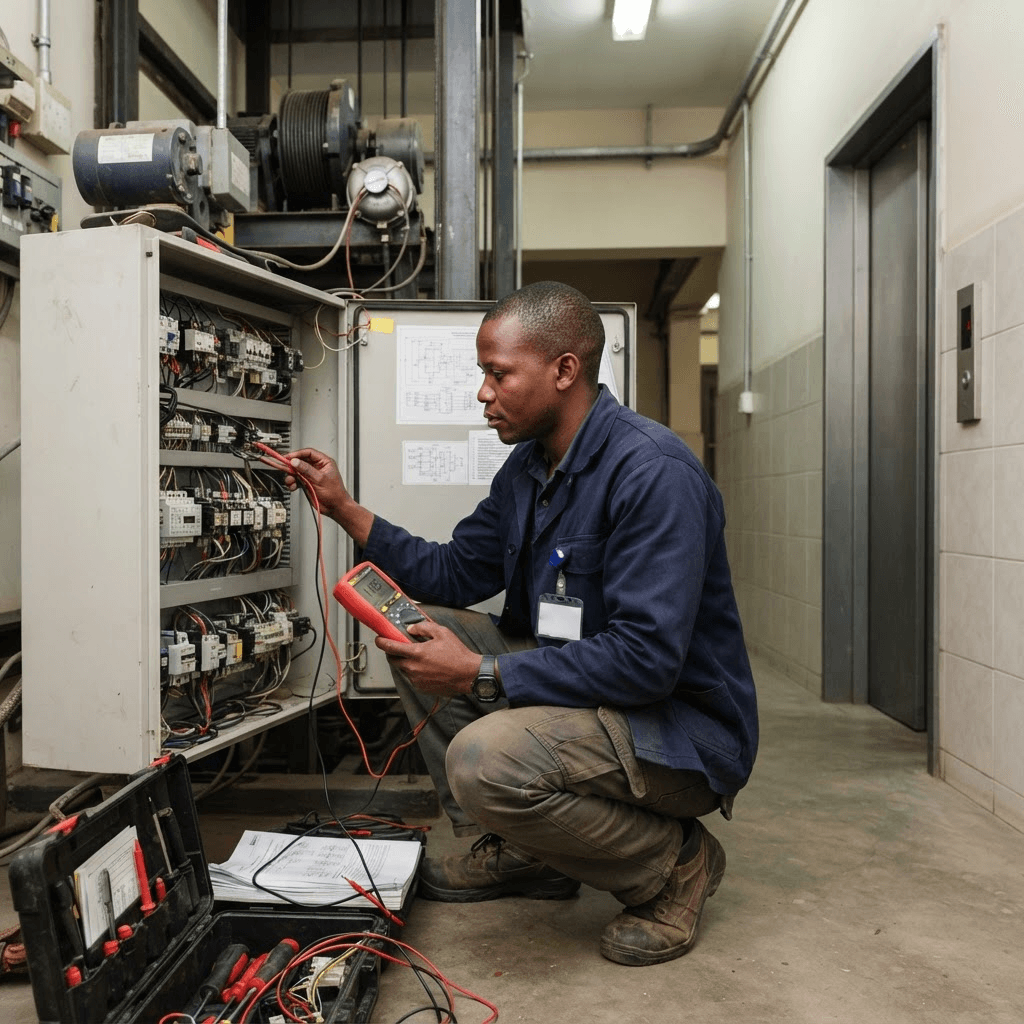 Black African elevator repair technician diagnosing an open control panel
