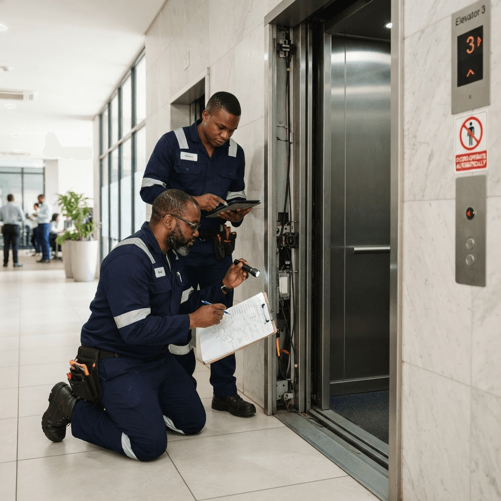 Black African engineering professionals conducting an elevator safety audit