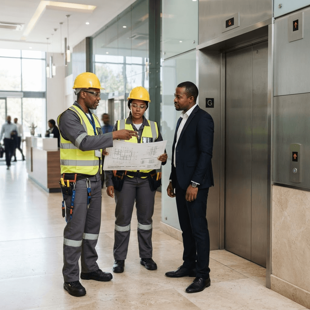 V-Tech engineers discussing an elevator project with a client