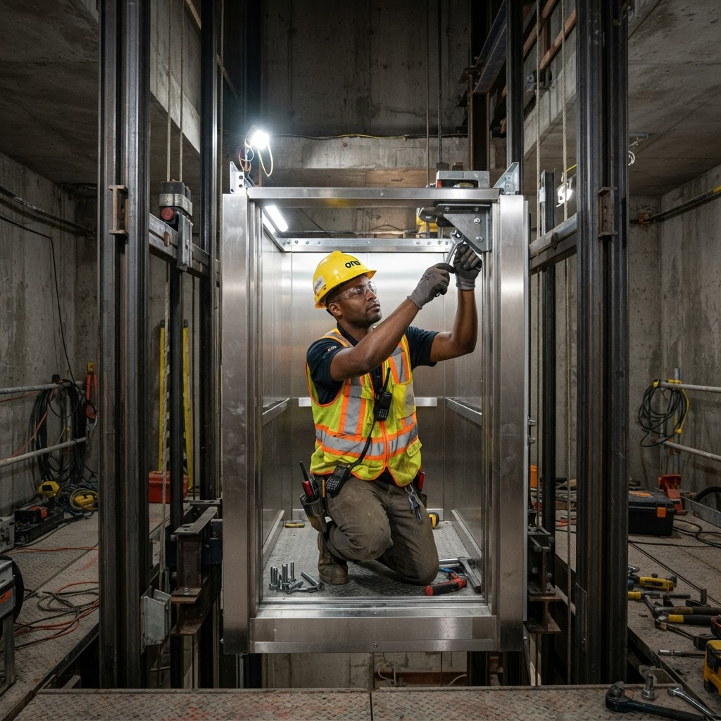 V-Tech technician installing a new elevator system